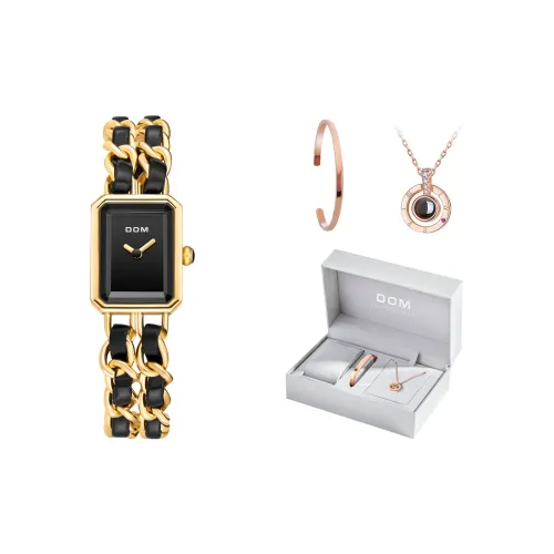 DOM Утонченный CHANEL Inspired Watch Gift Box Set Кварцевый механизм Нержавеющая сталь Ремень Часы Женские часы Черный циферблат