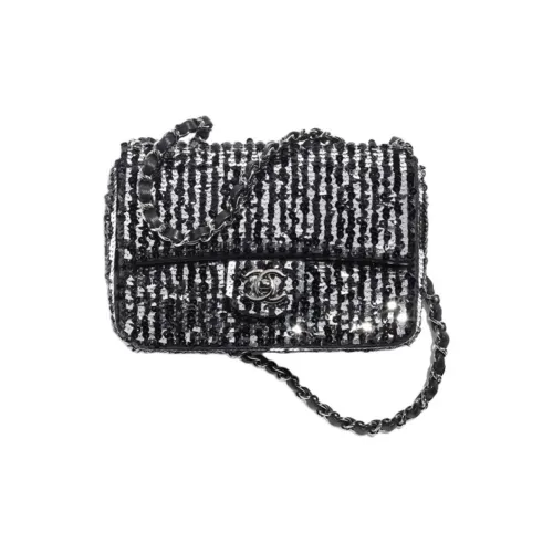 CHANEL Блестки Flap Bag Сумка через плечо Сумка на плечо Женская Черный и Серебряный