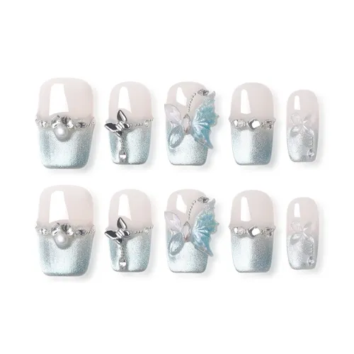 QUIET MOON Синий кристалл Ice Butterfly Оригинальный Pure Ручной работы 3D-эффект Французский Премиум Feel False Nail