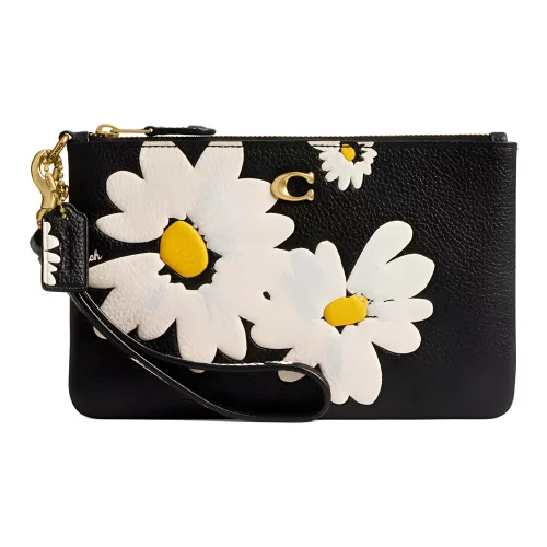 COACH Wristlet Полированный Галька Кожа Клатч Маленький Женский Латунь Черный Разноцветный