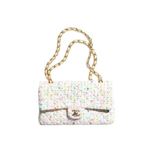 CHANEL Classic Flap CF Twill Мягкий Шерстяной Твид Сумка через плечо Женская Бежевая Многоцветная