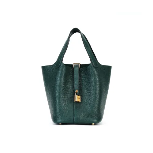 HERMES Picotin Lock Clemence Bullock Кожа Корзина Сумка Ведрообразная Сумка Сумка 18 Женская 6O Кипарисово-зеленый