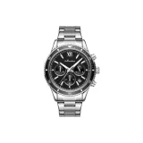 Стальной браслет с черным циферблатом.