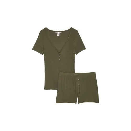 Victoria's Secret Ткань в рубчик Modal Короткий рукав Henley Боксеры Комплект Co Комплект пижамы Мужской Оливковый