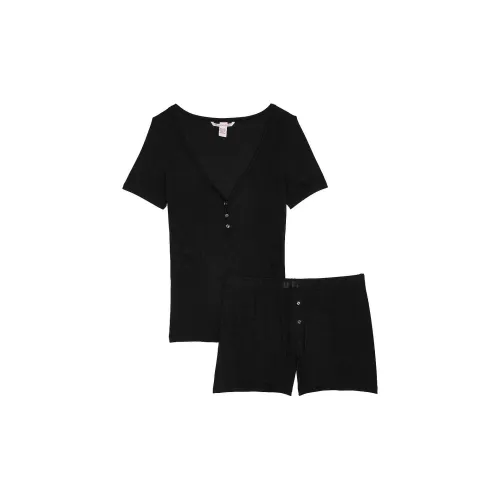 Victoria's Secret Ткань в рубчик Modal Короткий рукав Henley Боксеры Комплект B Комплект пижамы Мужской Черный