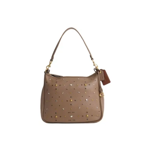 COACH Cary Пескоструйная кожа Плечевая сумка Сумка через плечо Большая Женская Латунь с Темно-цветащим драгоценным камнем