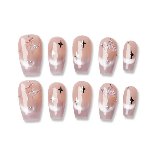 QUIET MOON Midsummer Night Ледяной Прозрачный Телесный 3D-Эффект Handcrafted False Nail Короткий LADDER Кошачий Глаз 10 шт 1 Комплект 14 мм