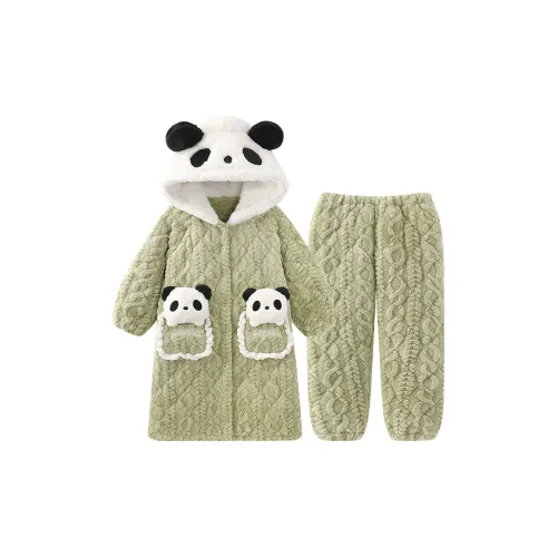 O'MESIK Зеленый [Утепленная рубашка + утепленные брюки] Женские пижамные комплекты