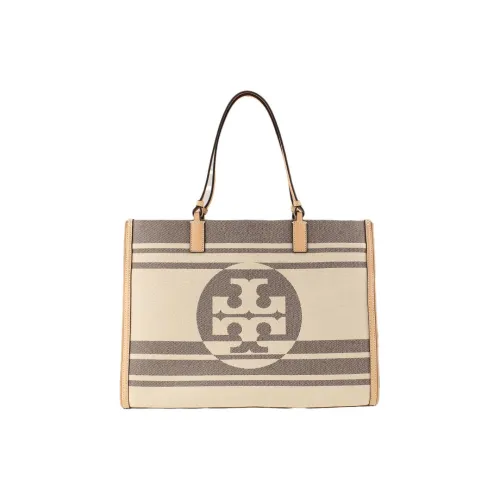 TORY BURCH Ella Ткань с кожаными вставками Комбинированный Тоут Сумка Сумка для покупок Сумка на плечо Сумка Обычный Женский Экрю Серый