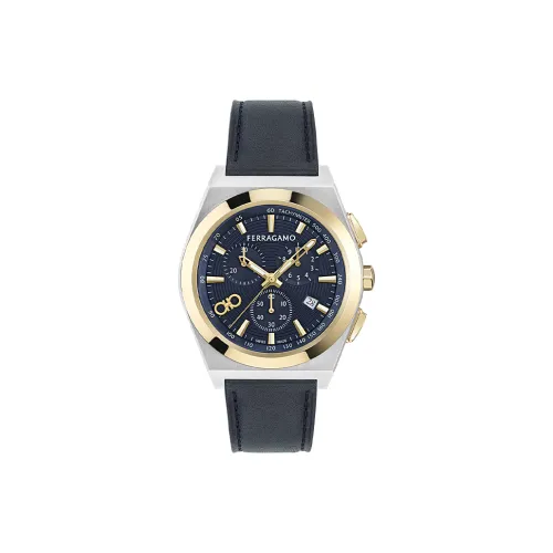 FERRAGAMO Наручные часы Кварцевый механизм Коровья кожа Ремень 42 Синий циферблат Мужские часы Фиолетовый Подарочный набор розовый + Шелковый шарф