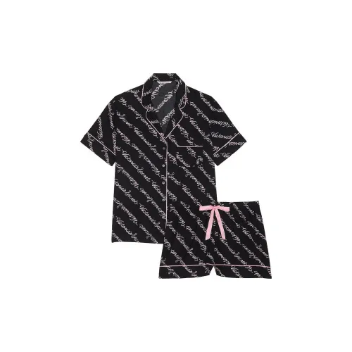 Victoria's Secret Фланелевый короткий пижамный комплект Черный пижамный комплект Script с лентой для женщин черный