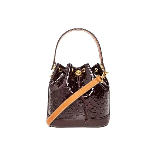 TORY BURCH T Monogram Тисненая Лакированная Кожа с Кожаными Вставками Комбинированная Сумка Женская Бургунди