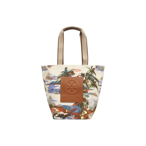 TORY BURCH Ella Холст Тоут Сумка Сумка для покупок Холст Сумка Сумка через плечо Большая Женская Песочная и Коричневая