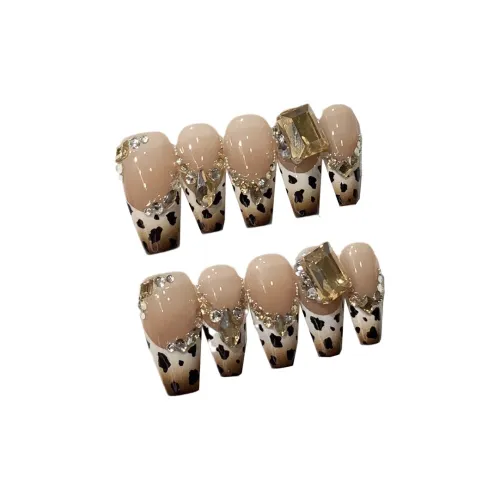 XIBI Icy Clear Gradient French Leopard Print Cat Eye Crystal False Nail Short LADDER 15mm