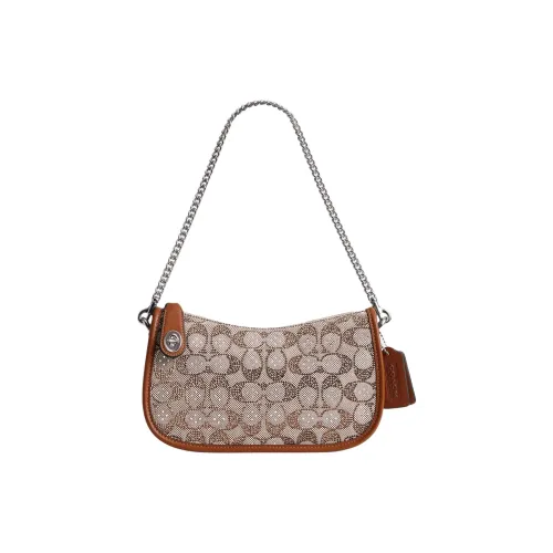 COACH Жаккард Портативная Сумка через плечо Сумка на плечо Средняя Женская Полированная Янтарная