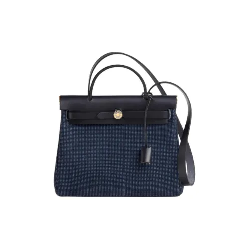 HERMES Herbag Zip Viking Quadrille Холст Hunter Коровья кожа Сумка Женская Темно-синий