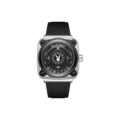 Playboy Дизайн Коробка с Круглый Внутренняя одежда And Квадрат Внешняя сторона Кварцевый механизм Силиконовый ремешок Часы Мужские часы Черный циферблат