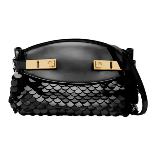 Ferragamo Gancini Лакированная кожа Телячья кожа Ткань с Блестками Ручная Сумка через плечо Сумка через плечо Маленькая Женская Черная