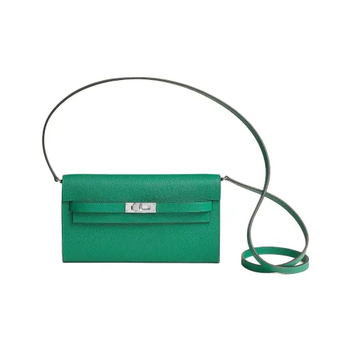 HERMES Kelly To Go Epsom Телячья кожа с Cordage Холст Кошелек Женские Dazzling Зеленый
