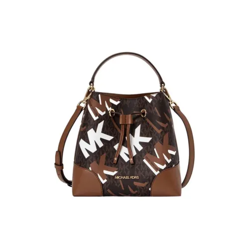 MICHAEL KORS Mercer Холст и Кожаная Сумка-ведро Сумка через плечо Средняя Женская Темно-коричневый и Белый