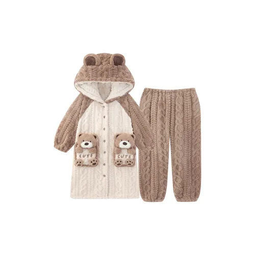 O'MESIK Коричневый флисовый халат + флисовые брюки, женский пижамный комплект