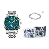 Серебряный корпус, зеленый циферблат, стальной браслет [Подарочная коробка, комплект II]