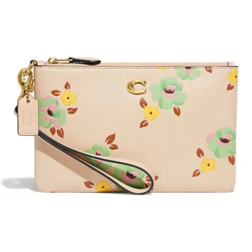 COACH Wristlet Коровья кожа Запястье Сумка Клатч Маленький Женский Бежевый Желтый