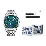 Серебряный корпус, зеленый циферблат, стальной браслет [подарочная коробка, комплект]