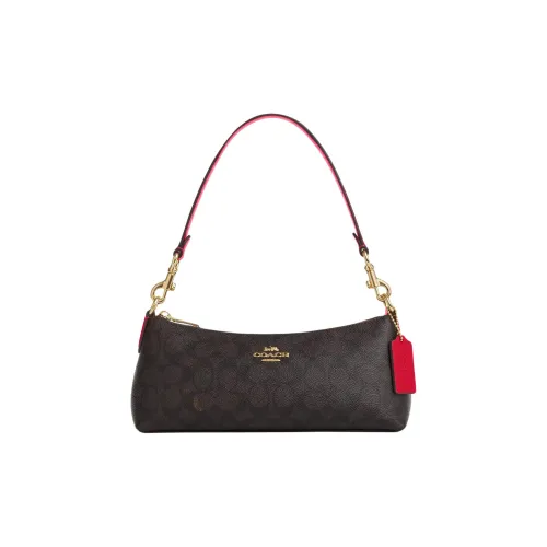 COACH Charlotte Покрытие Холст Плечевая Сумка Портативная Сумка через плечо Средняя Женская Цвет Орех Ярко-Красный