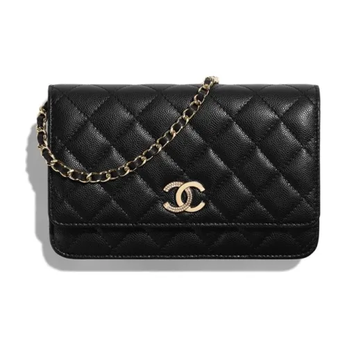 CHANEL WOC Блестящий с рельефом Икорный Телячья кожа Сумка с клапаном Сумка через плечо Сумка на плечо Женская Черная