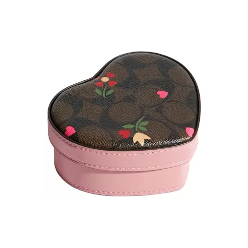 COACH Сердце Холст с кожей Коробка с посланием любви Makeup Bag Маленький Женские Коричневый Розовый многоцветный