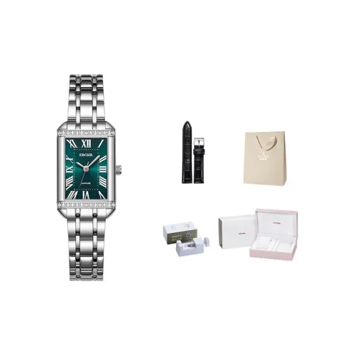 EBOHR Cana Collection Luxury Small Square Watch Кварцевый механизм Ремешок из нержавеющей стали Часы для женщин Зеленый циферблат