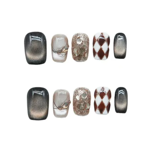 XIBI Карамель Waffle Осенний Зимний Клетка Сияющий Шахматный Узор Премиум Белый Тон False Nail Короткий Квадрат 15 мм