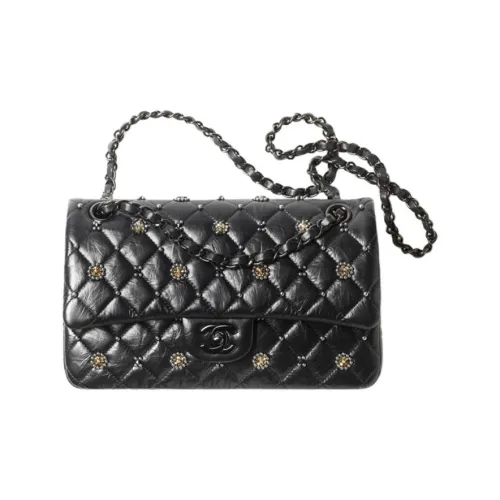 CHANEL Classic Flap CF Блестящий Узор Телячья кожа с Кристаллом Сумка через плечо Женская Черная
