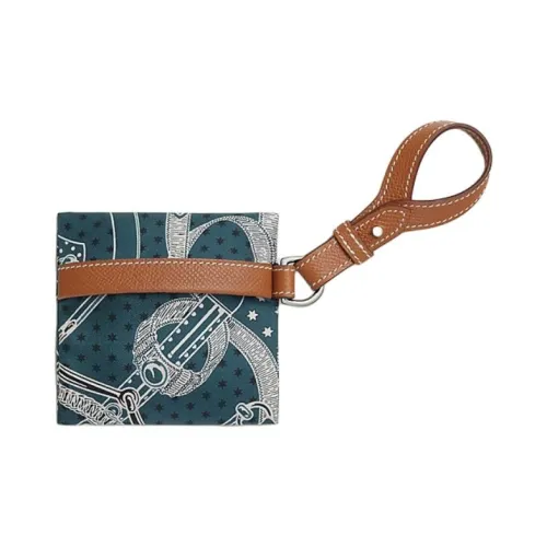 HERMES Шелк Телячья кожа Монета Кошелек Маленький Женский Прусский синий и Золотой