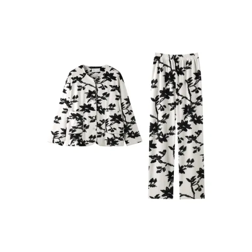 Meonsill Бежевый+Черный цветок H88026 Женские пижамные комплекты