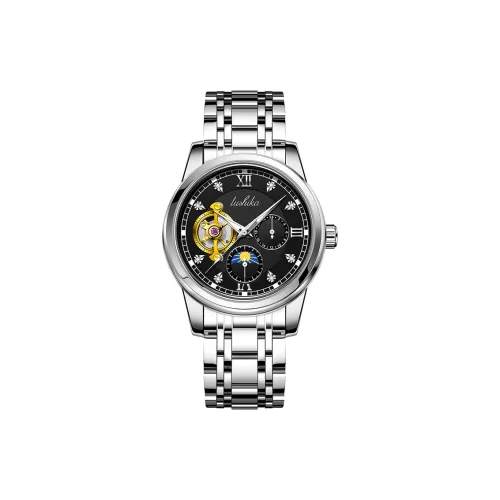 Lushika Механический механизм ремешок из нержавеющей стали черный циферблат мужские часы