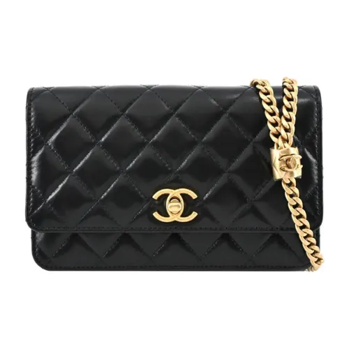 CHANEL Lambskin And Gold Metal Chain Wallet Wallet Crossbody Bag Mini Women's Black