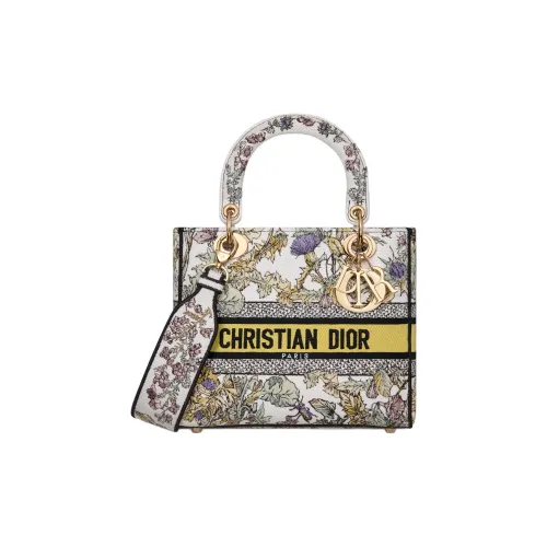 DIOR Ткань Сумка Lady Dior Тоут Сумка Сумка для покупок Сумка на плечо Сумка среднего размера Женская Молочно-белая и Желтая