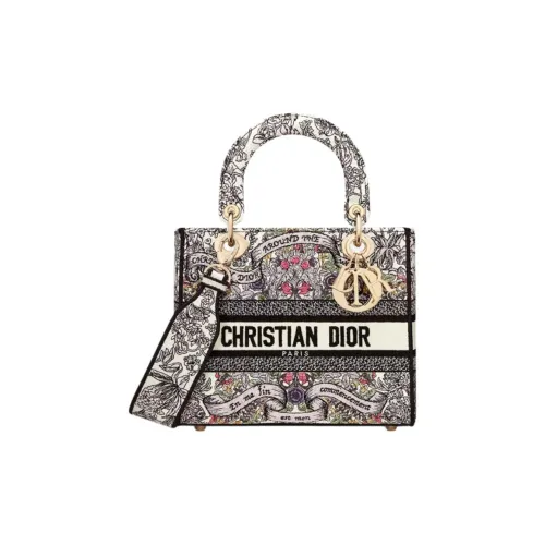 DIOR LADY D Лайт Ткань Сумка Lady Dior Тоут Сумка Сумка для покупок Сумка Средний Женские Молочный Белый Многоцветный