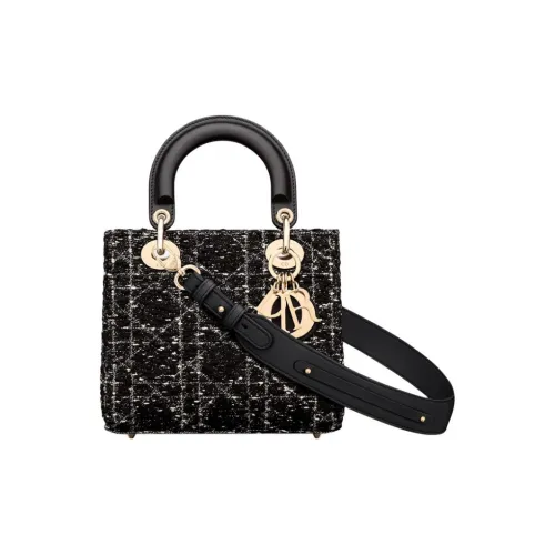 DIOR Lady Dior Хлопок с коровьей кожей Сумка через плечо Сумка Маленькая Женская Черная
