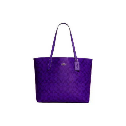 COACH Покрытый холст с кожаными вставками Тоут Сумка Сумка для покупок Тоут Сумка на плечо Большая Женская Фиолетовая