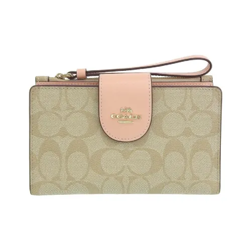 COACH Tech Wallet Холст с кожей Клатч Кошелек Женские Темно-коричневый Монограмма Нежно-розовый