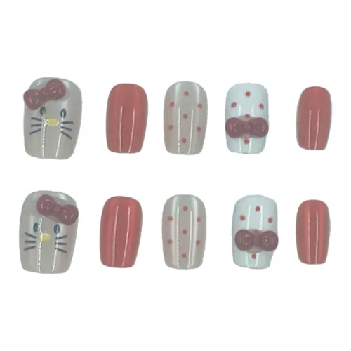 MAXFINE Оригинальный Ручная работа HAND DRAWN Кошачий глаз Kitty False Nail Короткий Круглый Розово-белый Jump Цвет 14mm 10 шт