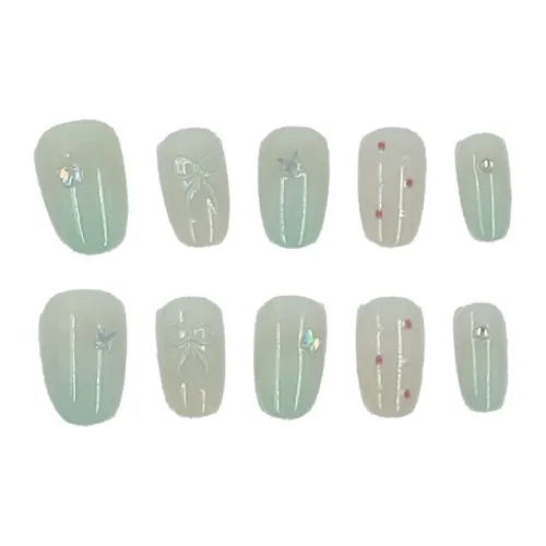 MAXFINE Cute Bowknot False Nail Short Round Green Gradient 14mm MAXFINE Милый Бант False Nail Короткий Круглый Зеленый Градиент 14мм