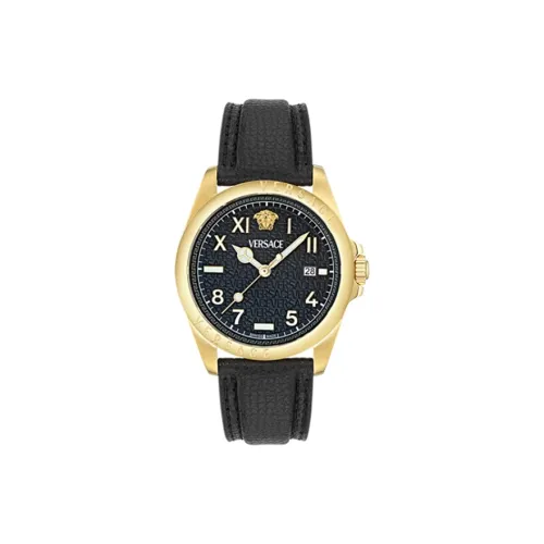 VERSACE Мужские часы Кварцевый механизм Коровья кожа Ремешок 41 мм Черный циферблат