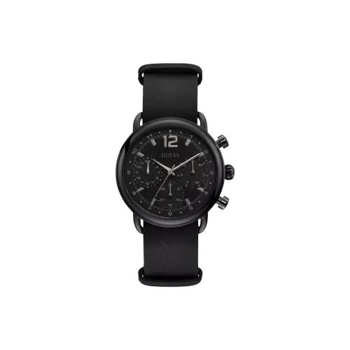 GUESS Наручные часы Кварцевый механизм Кожаный ремешок Черный циферблат Мужские часы