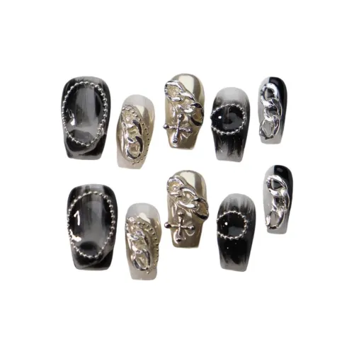 XIBI Премиум Текстурированный Белый Китайский стиль Смешанный Градиент Металл Цепочка Роскошь LOOK False Nail Короткий LADDER 14mm