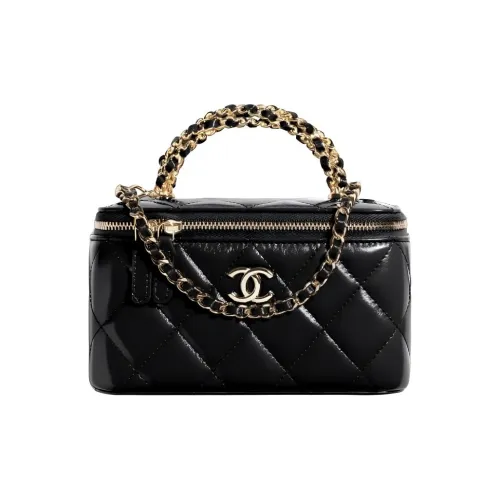 CHANEL Блестящий Lambskin Косметичка Сумка Коробка Сумка Женская Черная