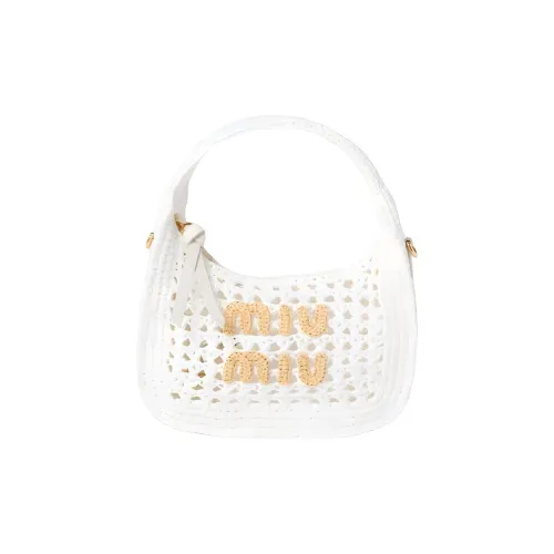 MIU MIU Wander Series Тканый материал Полумесяц Сумка Сумка через плечо Сумка Женская Белая и Естественный